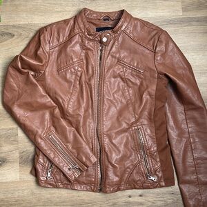 Guess faux leather racer jacket brown size lg